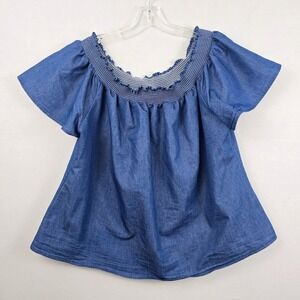 Lapogee Off the Shoulder Ruffle Detail Short Sleeve Women Top Blue 2X